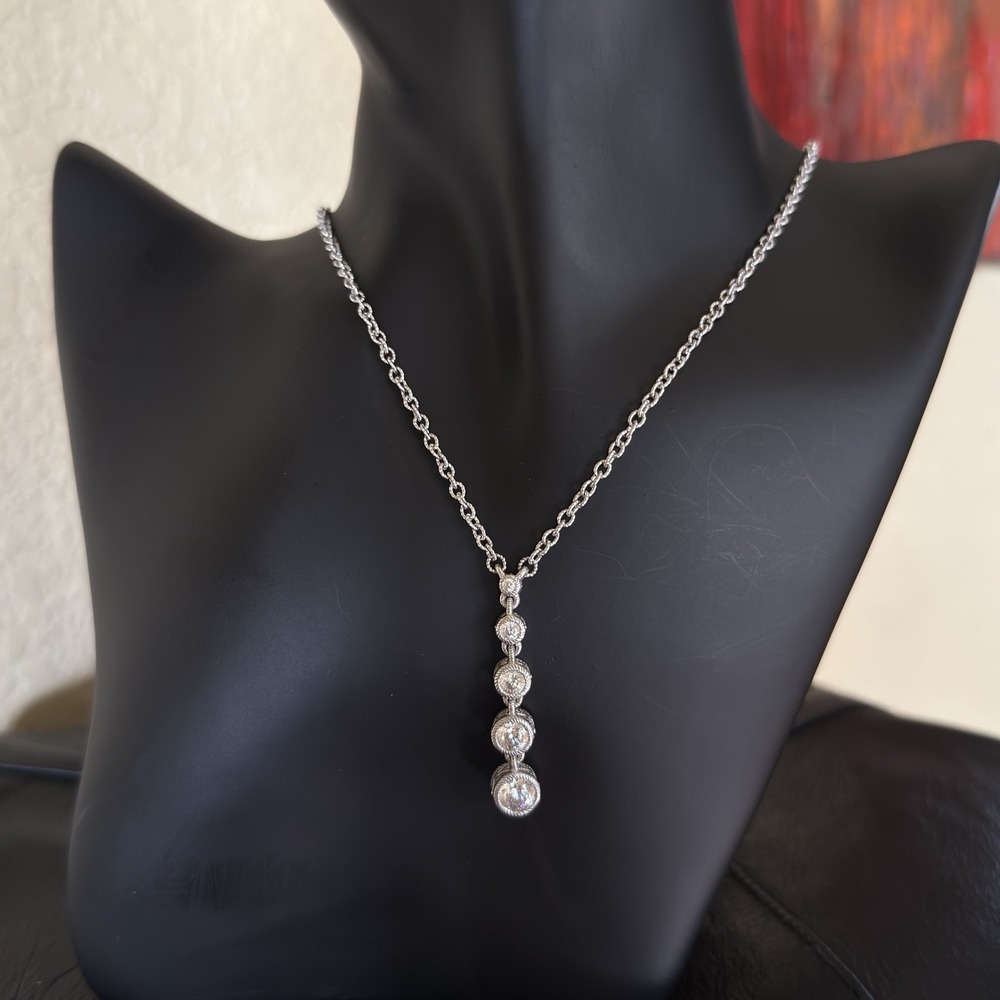 Judith Ripka 925 Sterling Silver 4 Stone CZ Drop Necklace Heart Clasp⁠ Gorgeous